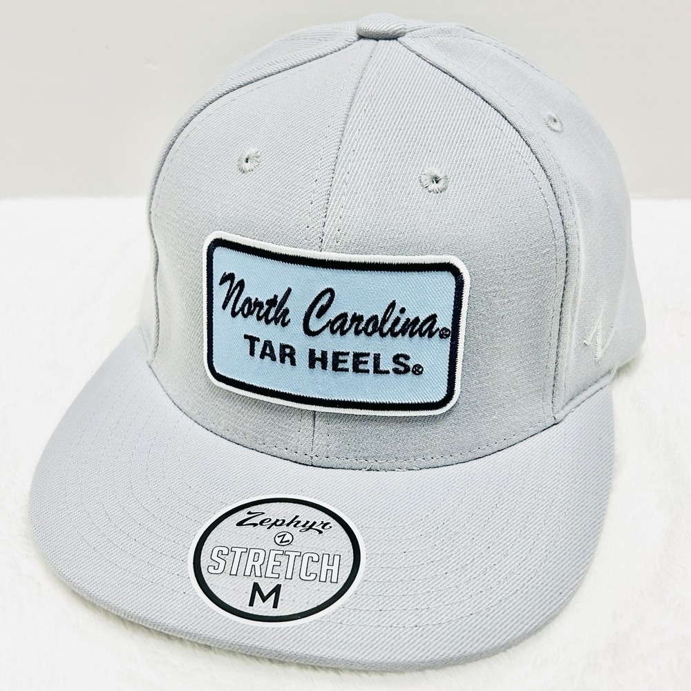 Zephyr North Carolina Tar Heels‎ Script Flat Hat Cap Stretch Medium Light Gray